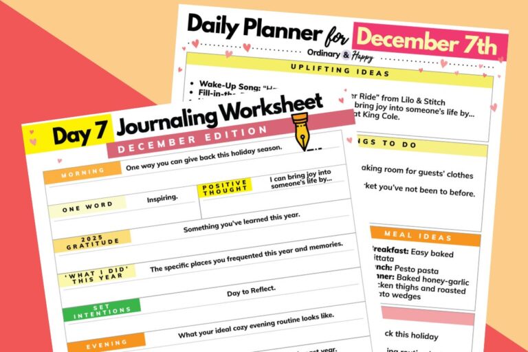 december 7th journaling planner and daily planner overlapping each other on a block color orange and red background