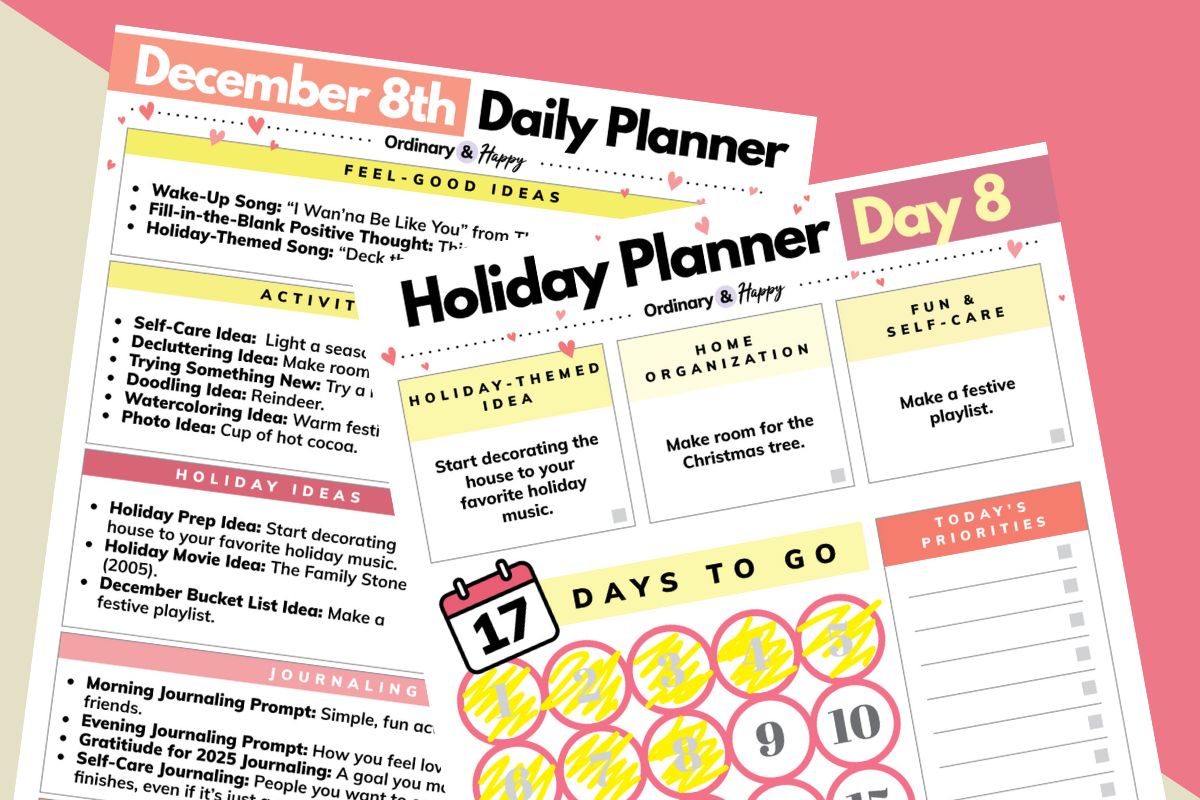december 8th daily planner and holiday countdown planner on a peach and red 2-color block background