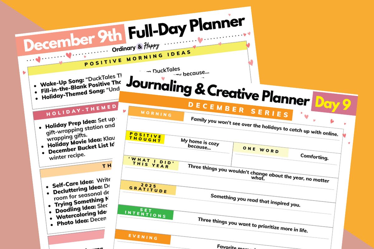 december 9th planner and journaling worksheet on a pink and orange backdrop