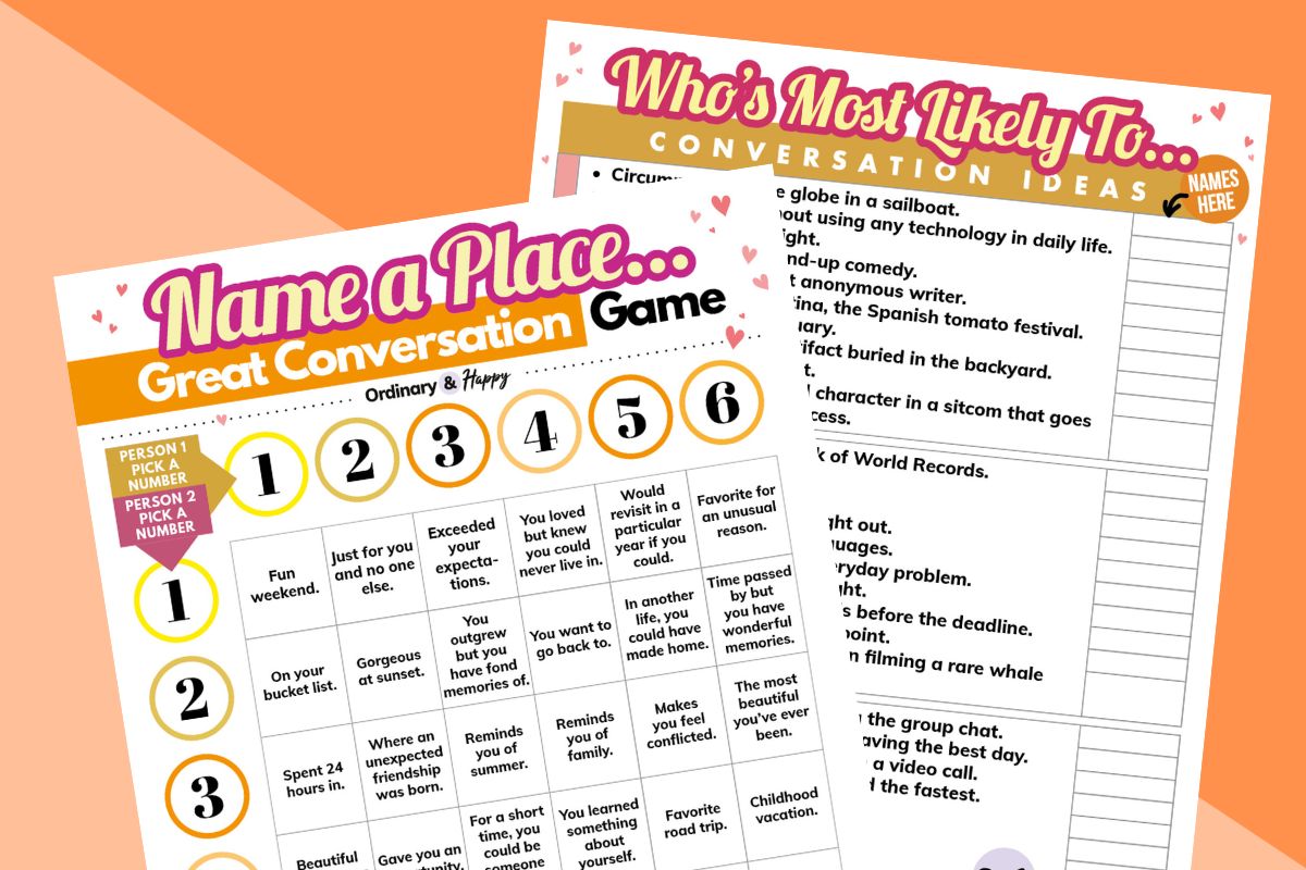 placed-themed conversation printable and most likely to printable game on a red and orange block color background