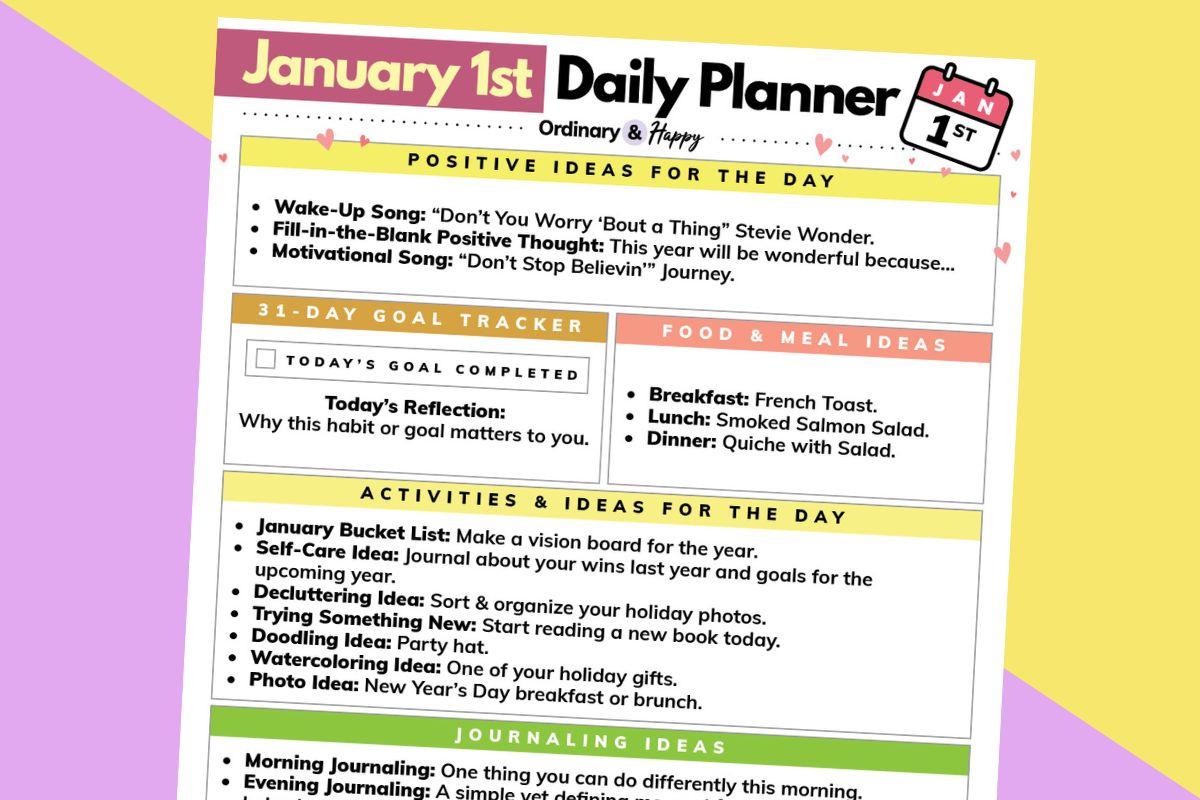 january 1st daily planner displayed on a yellow and lilac 2-color background