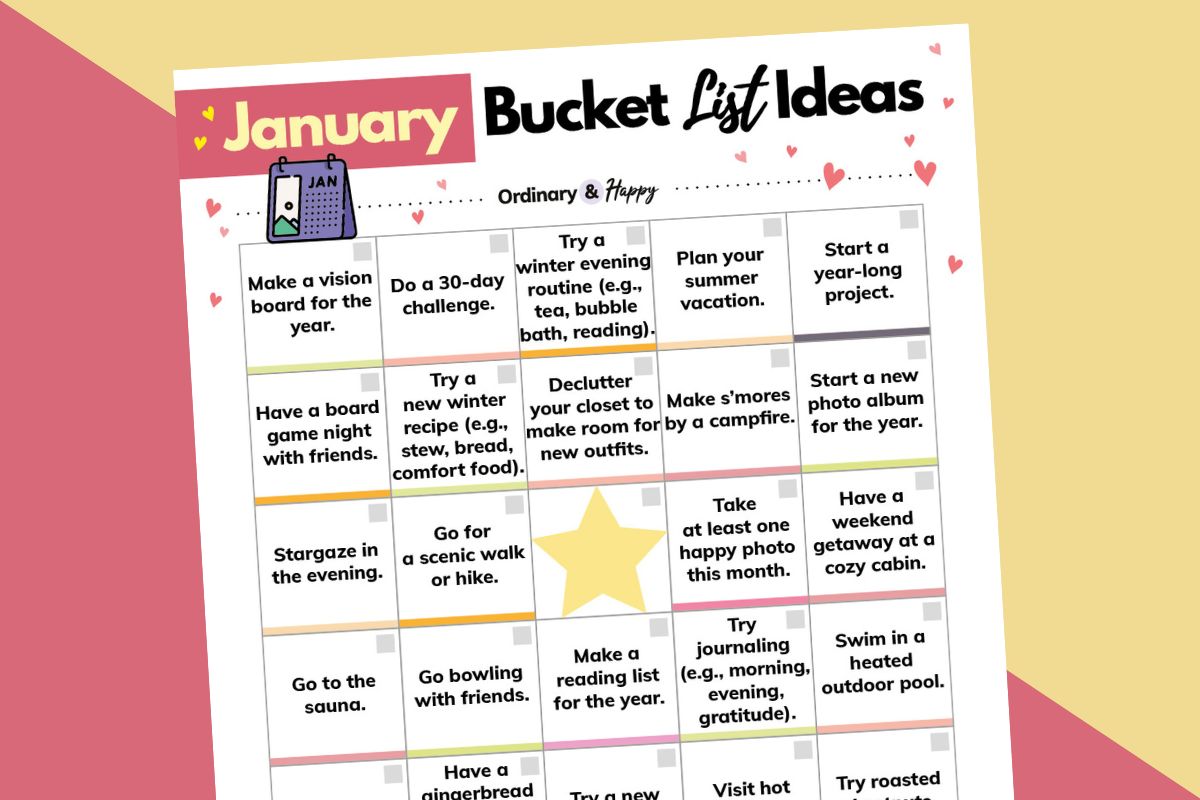 january bucket list ideas printable on a red and light yellow background