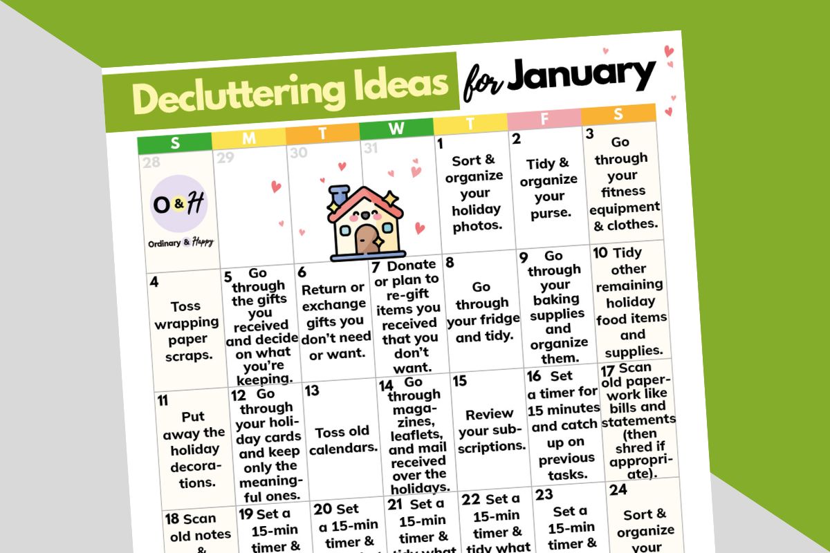 january decluttering ideas calendar on a red-grey and green block color background