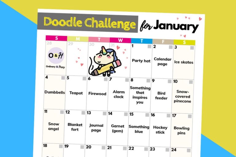 doodling challenge grid of ideas for january in a printable displayed on a yellow and blue block color background