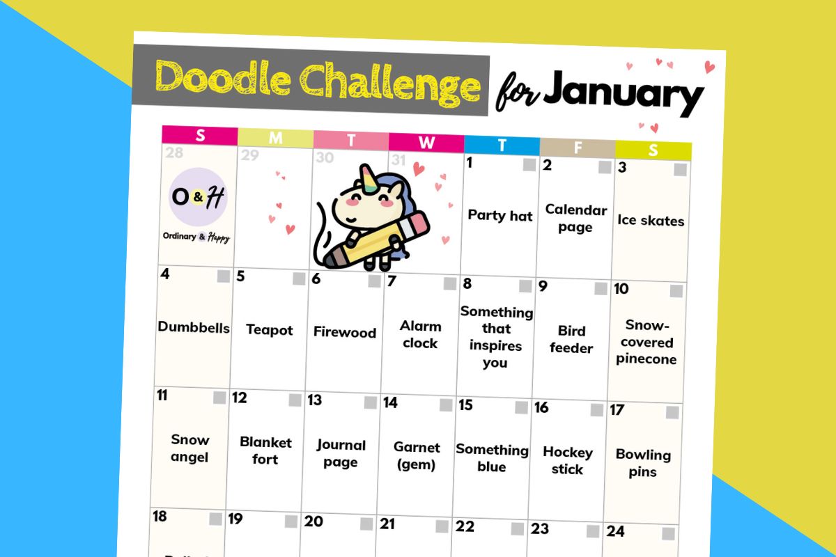 doodling challenge grid of ideas for january in a printable displayed on a yellow and blue block color background