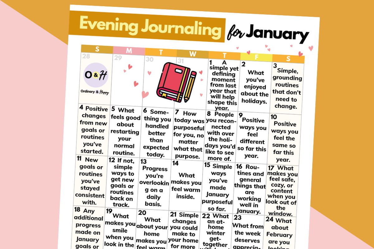 calendar of evening journaling prompts for january displayed on a light red and orange background