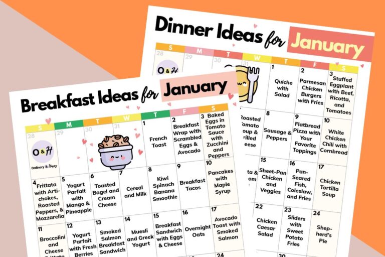 calendar of january breakfast and january dinner ideas overlapping on a light red and orange background