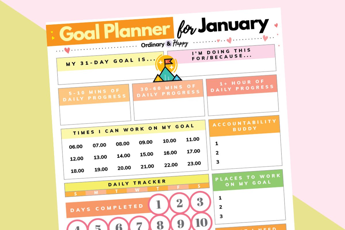 january goal planner printable displayed on a yellow and crimson block color background