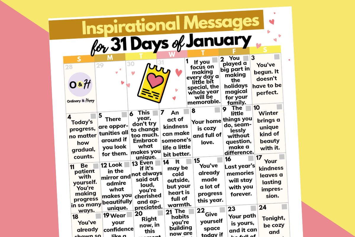 inspirational messages calendar for january on a yellow and pink background