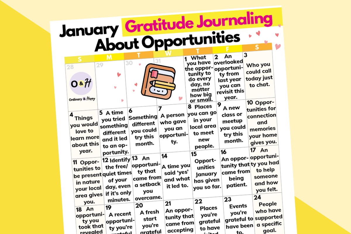gratitude journaling calendar for january displayed on a light yellow and yellow background