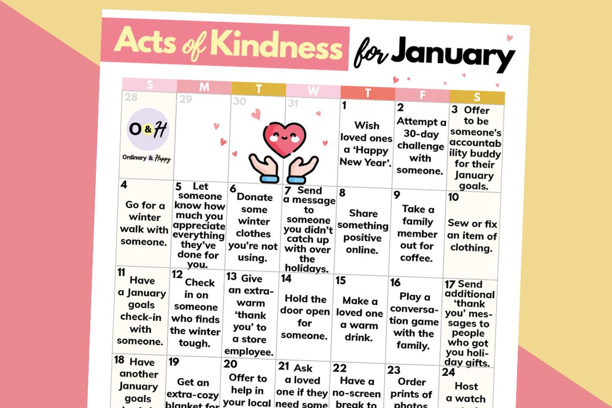 january acts of kindness calendar on an orange and pink background