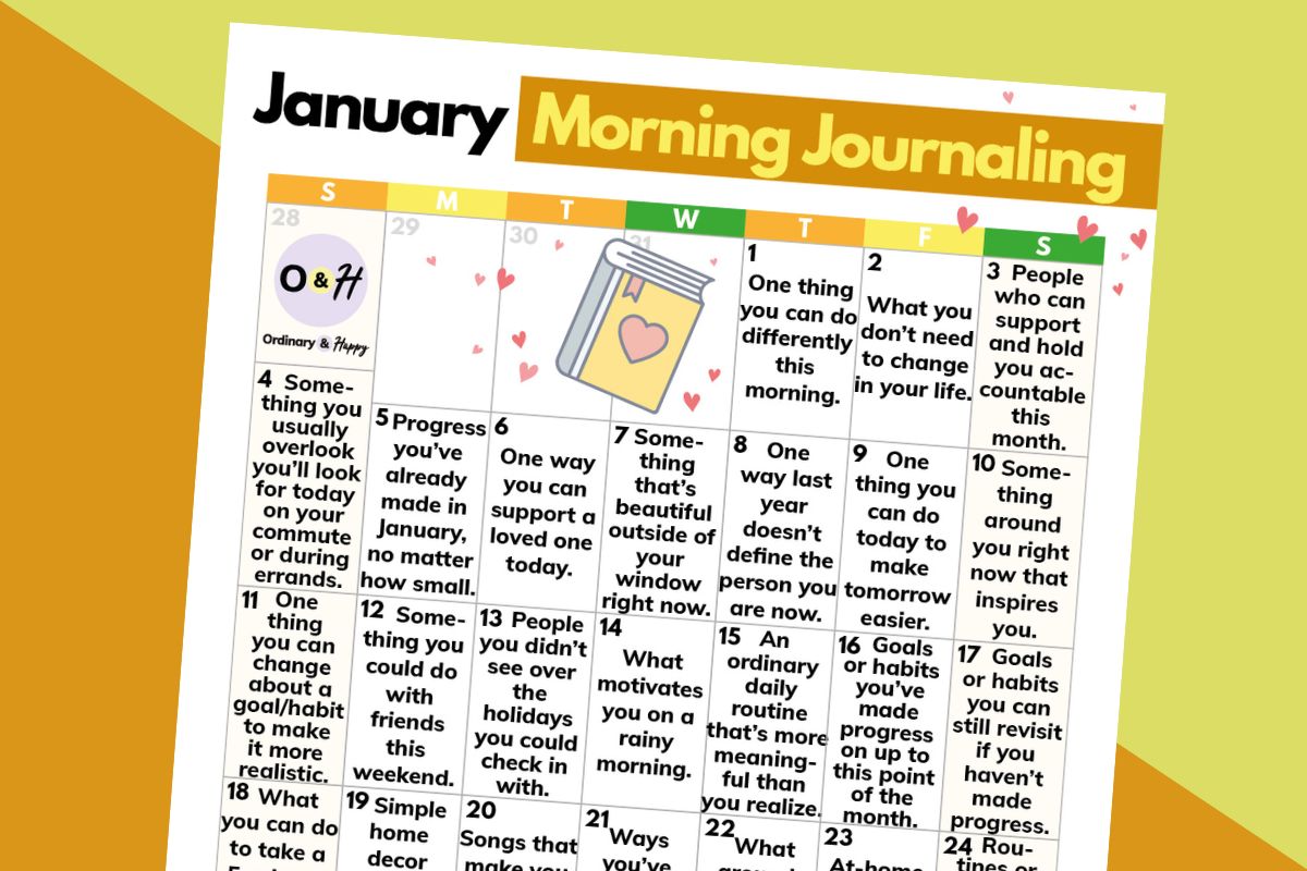 close up of a january morning journaling calendar printable titled to the right on an orange and yellow block-color background