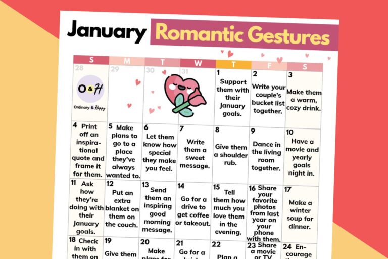 january romantic gestures list printable displayed on a red and orange block color background