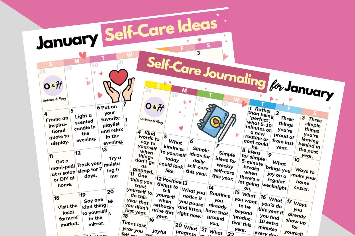 january self-care calendar and journaling worksheet displayed on a pink and grey block color backdrop