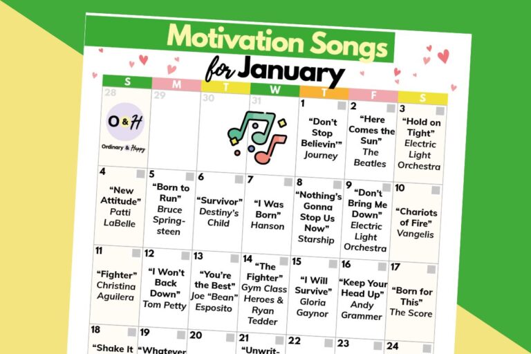 selection of motivational songs in a calendar for january displayed on a green and yellow block color backdrop