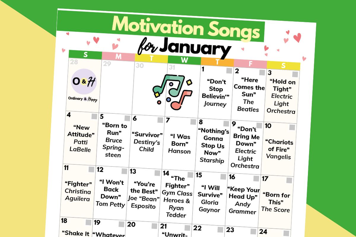 selection of motivational songs in a calendar for january displayed on a green and yellow block color backdrop