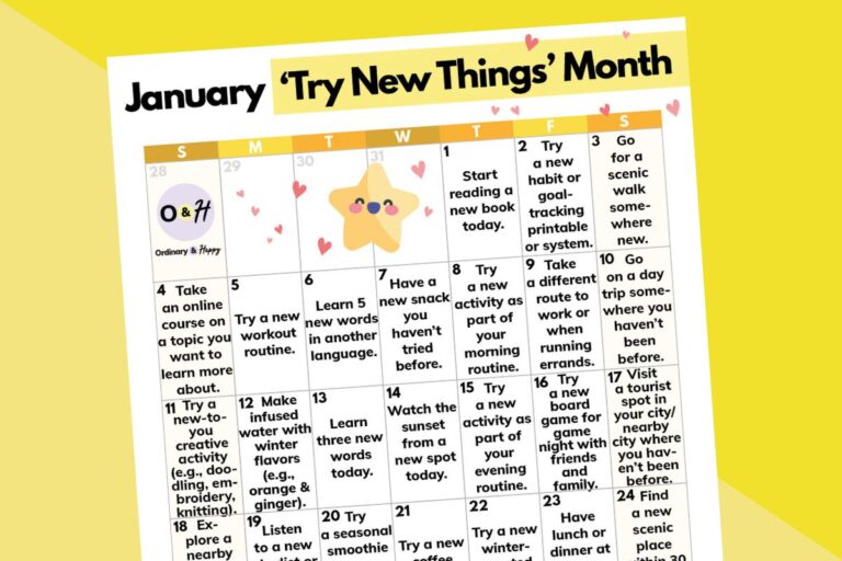 january trying new things calendar printable on a yellow background