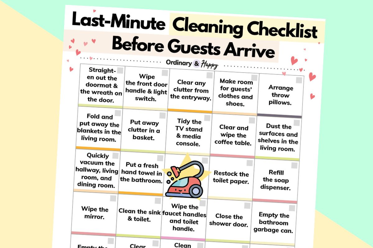 last-minute cleaning checklist before guests arrive printable on a lemon and light green background