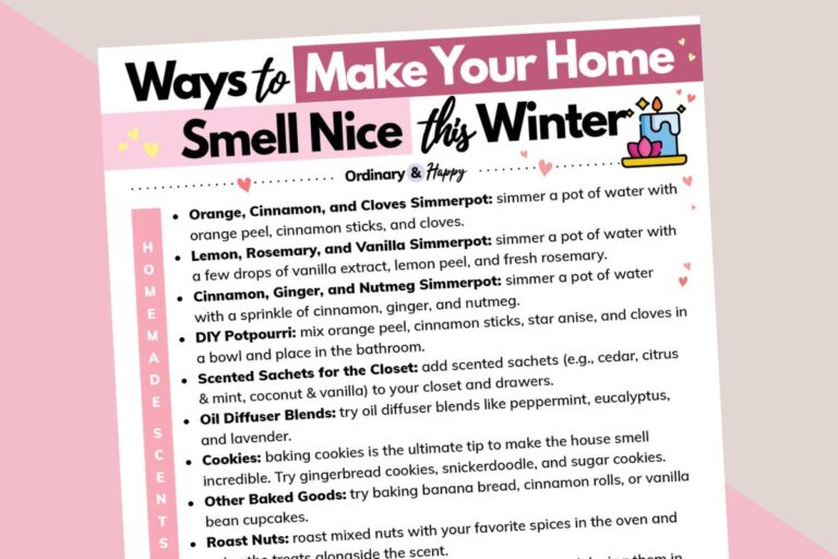 printable of ways to make your home smell nice this winter on a red and pink background