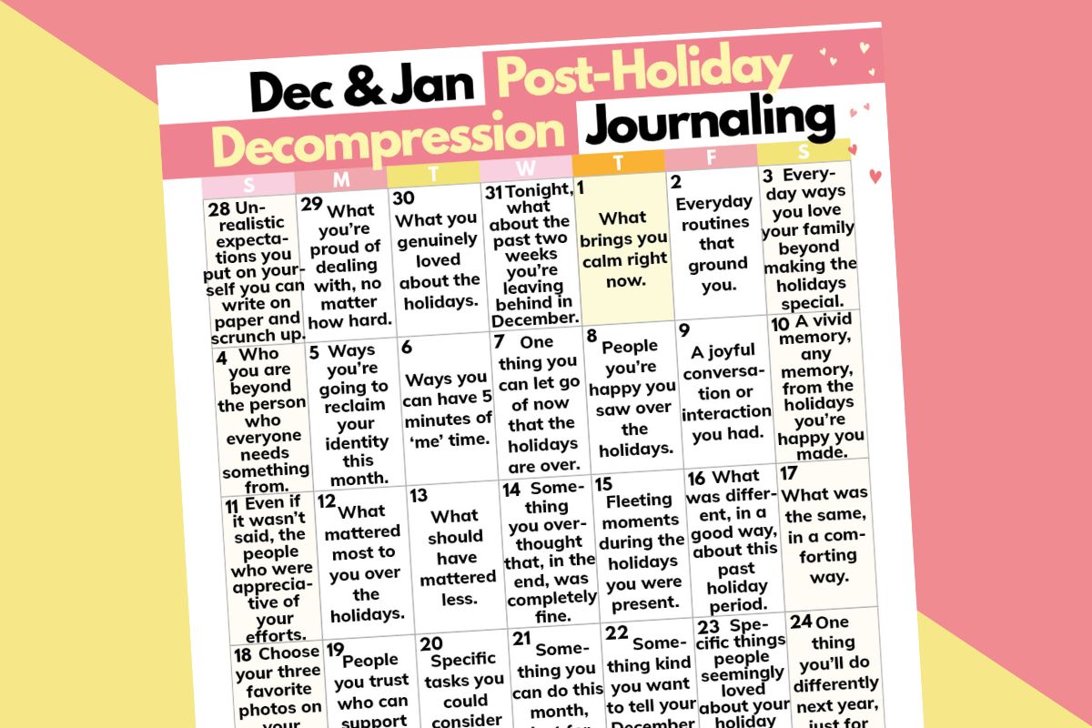 post-holiday decompression journaling calendar for december and january on a pink and yellow block color background