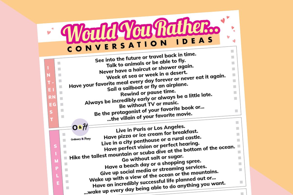 selection of 30 'would you rather' questions printable on a pink and orange 2-color background