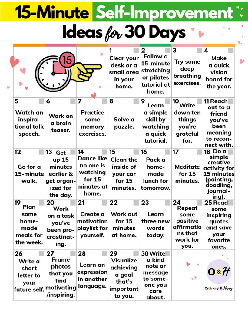 15-minute self-improvement ideas for 30 days