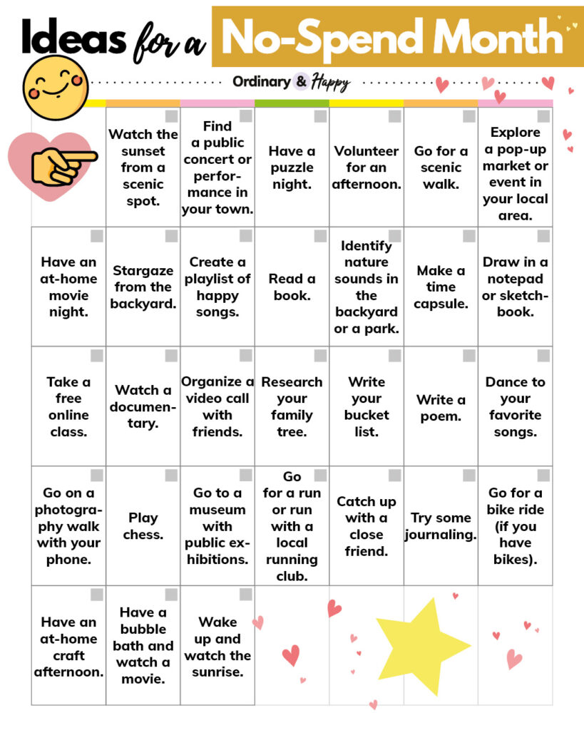 list of 30 no screen activites on a 30-day calendar