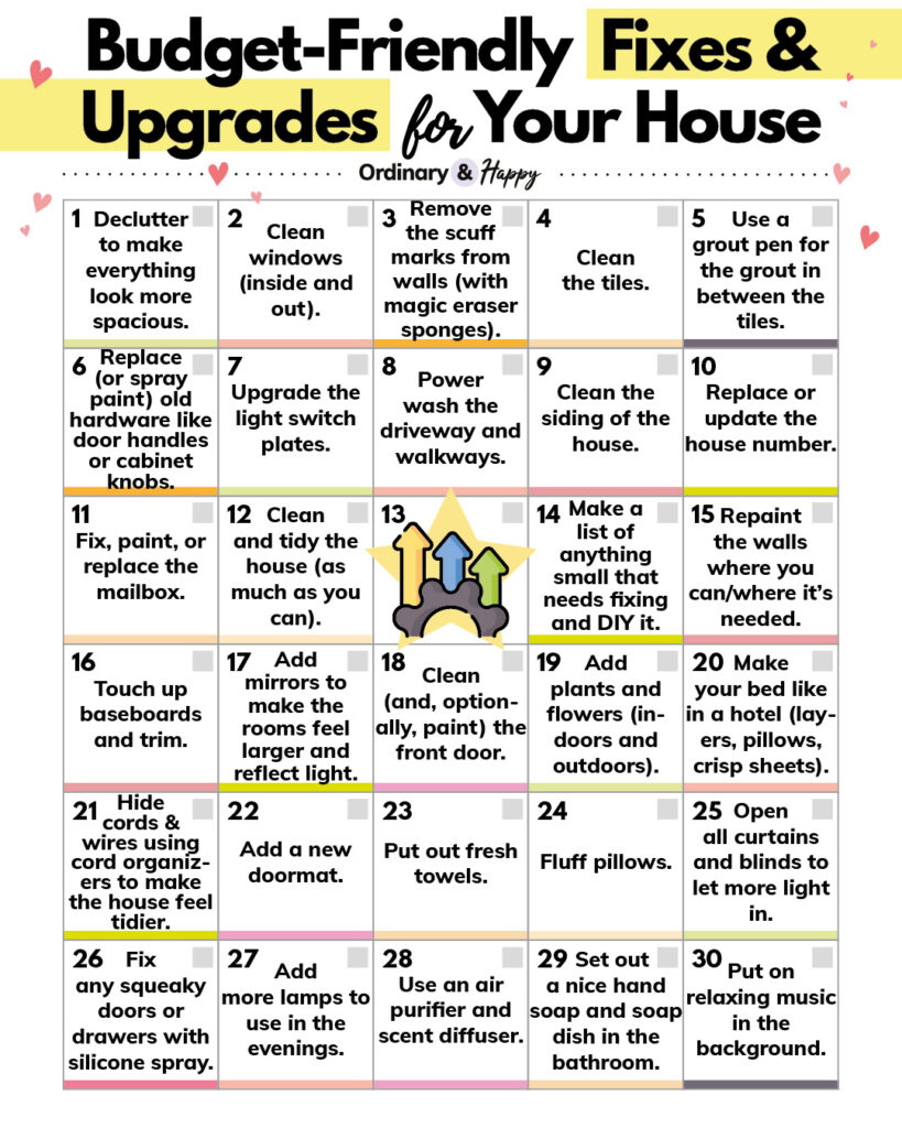 selection of 30 ideas for budget-friendly fixes and upgrades for your home in a 5x6 grid format