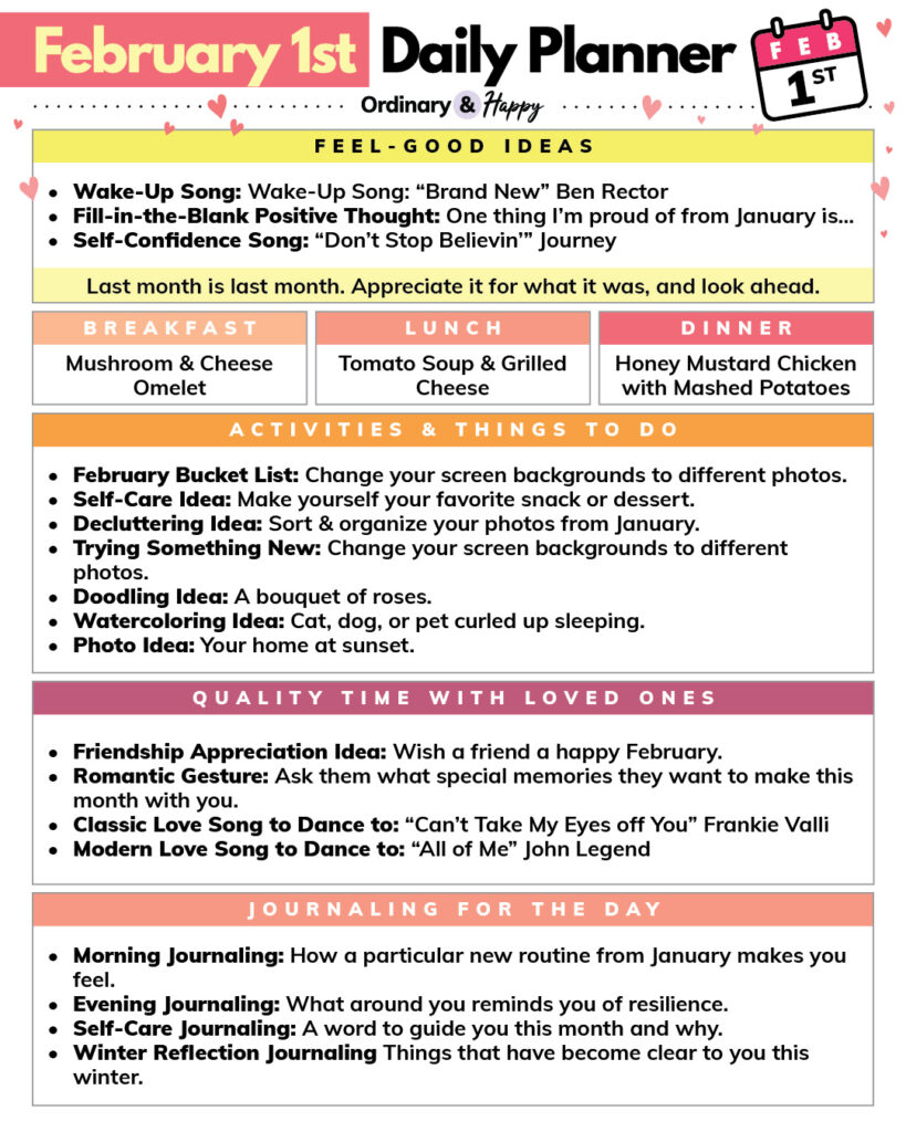 February 1st daily planner with all the ideas for the day displayed in color-coded rectangular boxes