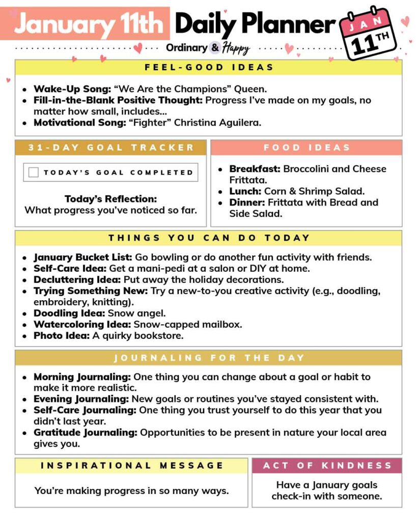 january 11th daily planner with 7 color-coded rectangular section with listed ideas for different areas of life