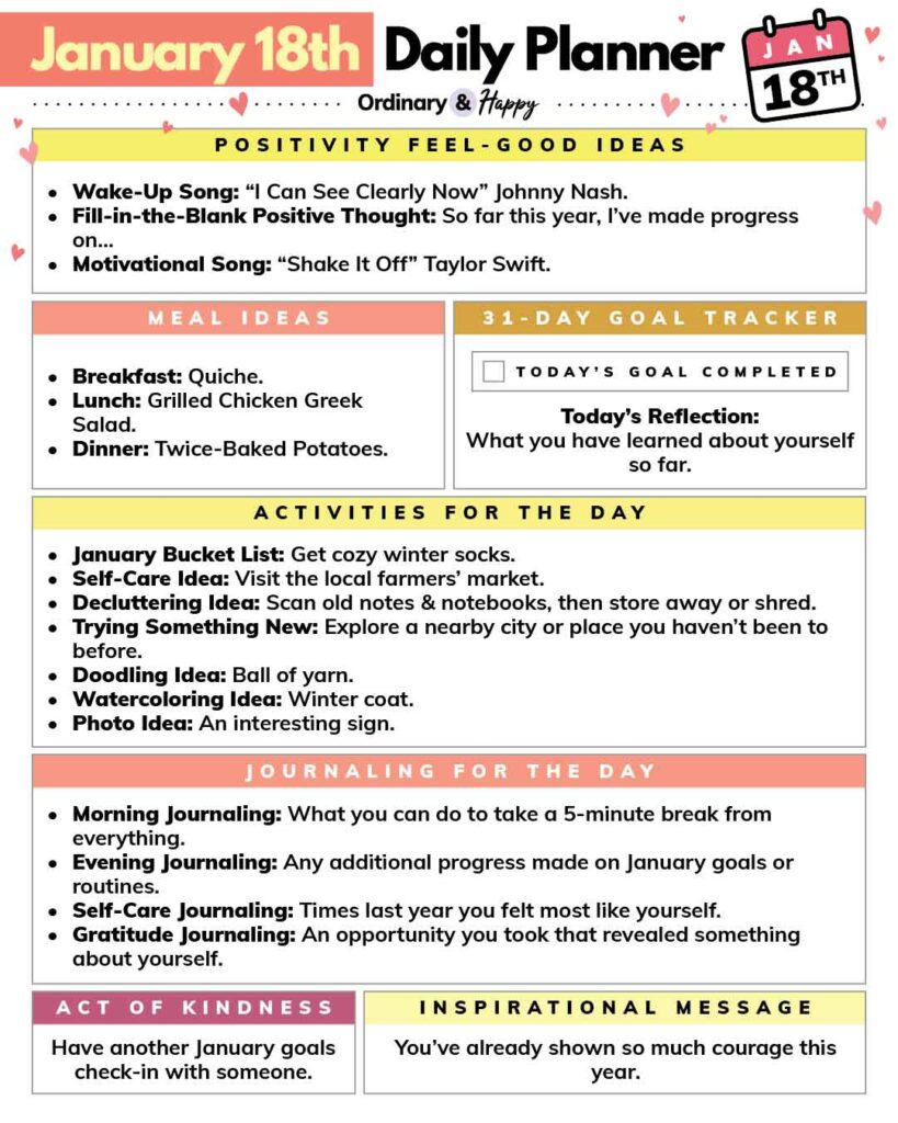 january 18th daily planner with listed ideas for 7 areas of life in color-coded boxes