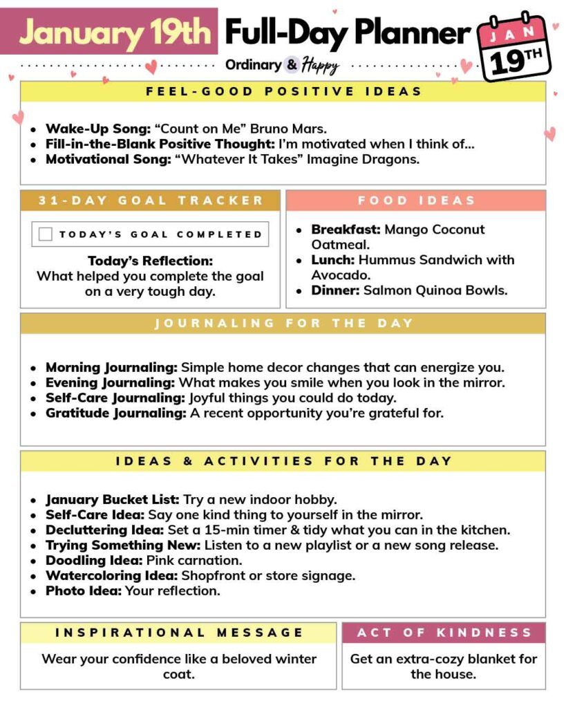 daily planner for january 19th with listed ideas for positivity, food, goals, journaling, things to do, kindness, and inspiring messages