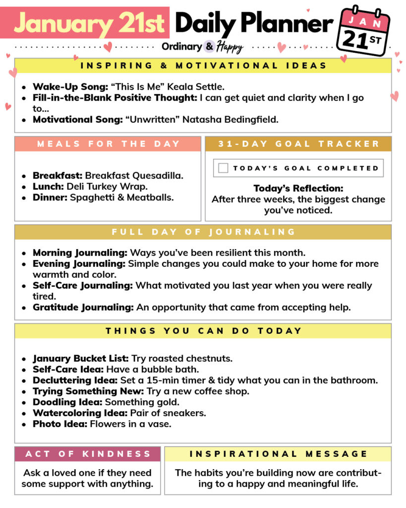 january 21st daily planner with lists of ideas for a positive morning, food, activities, inspiration, being kind, goal-tracking, and journaling