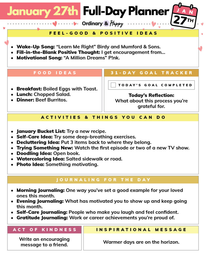 full set of daily ideas for january 27th displayed in a color-coded section daily planner