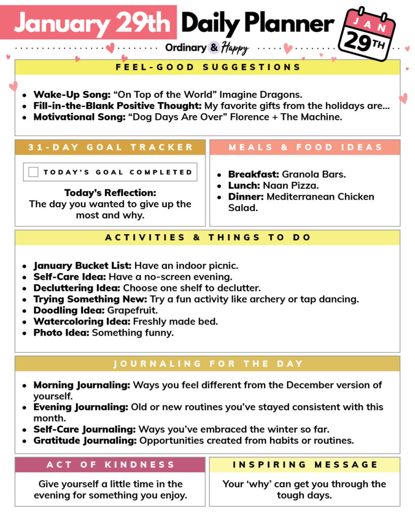 january 29th daily planner printable with color-coded section for motivation, goal-tracking, food ideas, activities, journaling, kindness, and inspiration with listed ideas in each