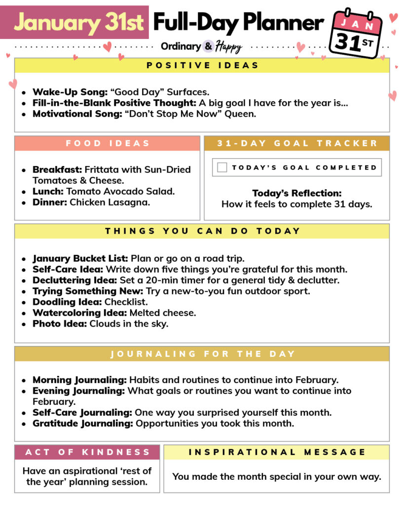 january 31st daily planner printable displaying ideas for different parts of daily life in color-coded boxes