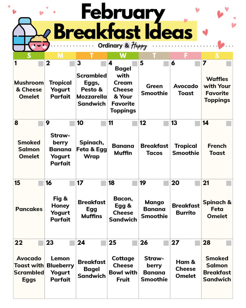 Breakfast ideas for February in a calendar format.
