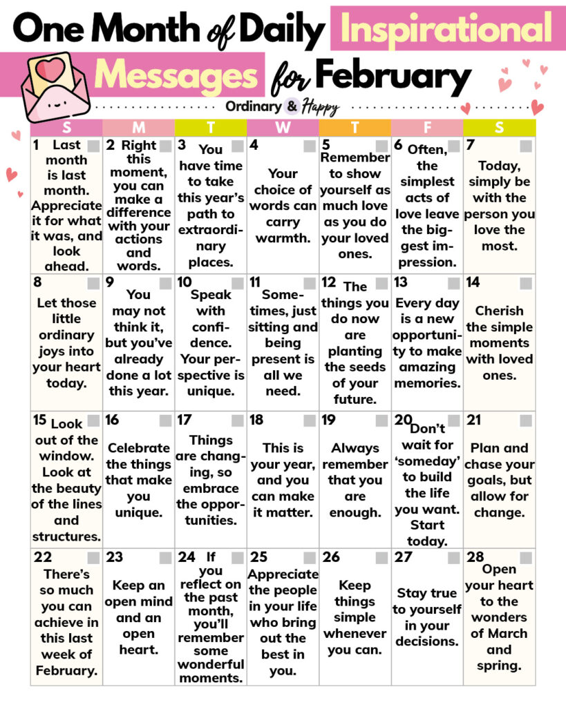 calendar of inspirational messages for february displaying 28 messages in a 7x4 grid format for every day of february