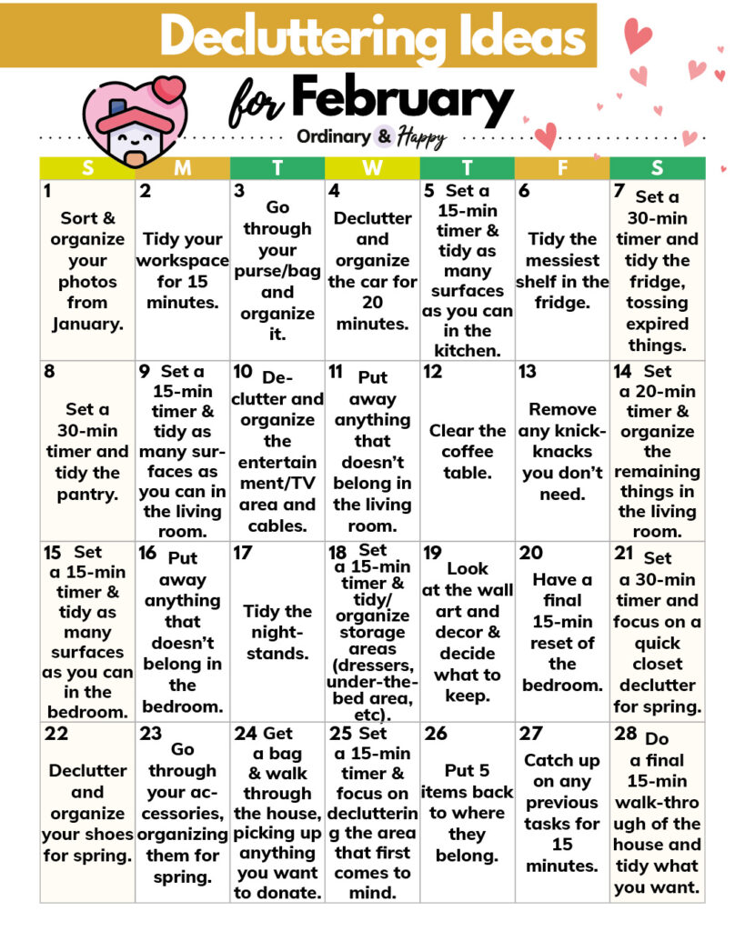 february decluttering ideas calendar displaying 28 daily tasks for decluttering in a 7x4 calendar with color-coded days of the week