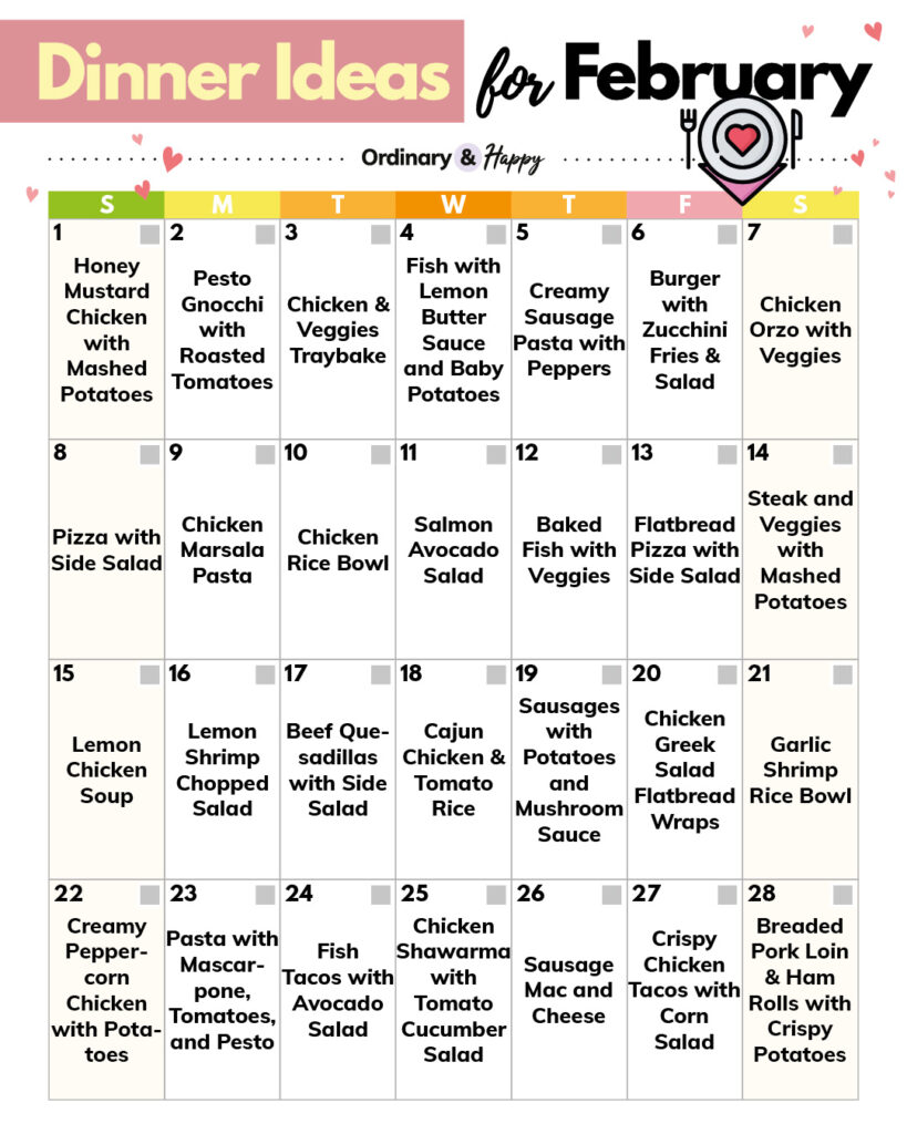 dinner ideas calendar for february with 28 dinner ideas listed in a 7x4 grid with color-coded days of the week at the top