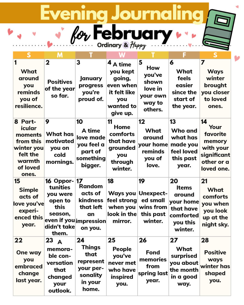 7x4 grid calendar displaying 28 evening journaling prompts for the month of february