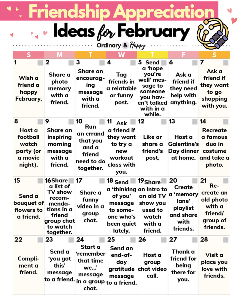 friendship appreciation ideas calendar for february displaying 28 ideas in a 7x4 format grid calendar