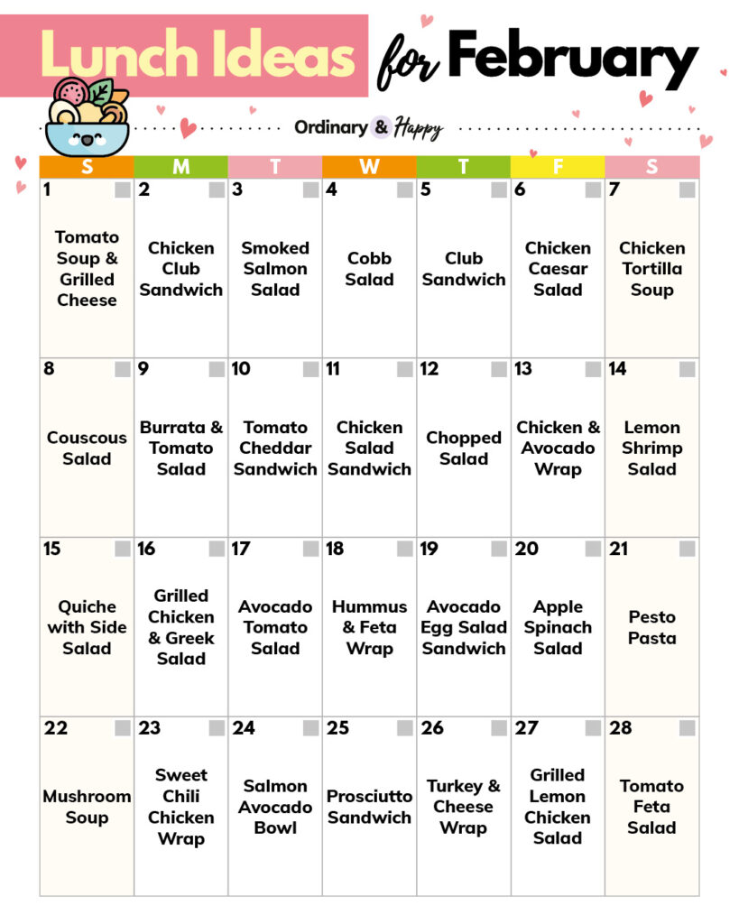 Lunch ideas in a calendar.