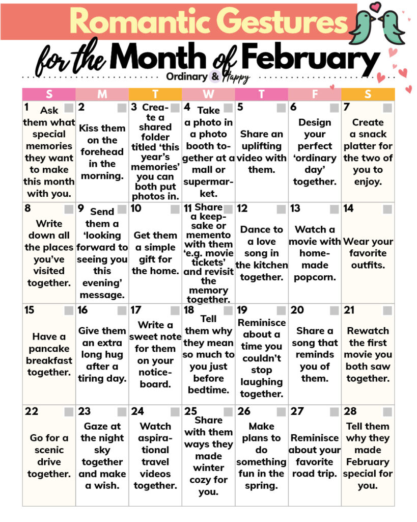 Romantic gestures for the month of February (calendar format).