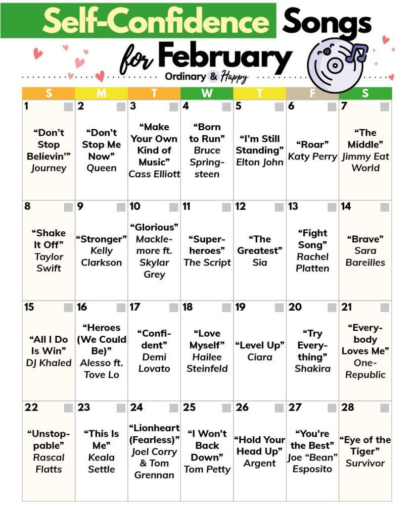 selection of self-confidence songs for february in a 7x4 grid format