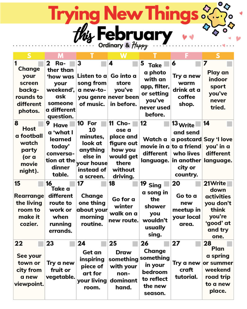 calendar of new things to try in february displaying 28 suggestions in a 7x4 calendar grid for every day of the month