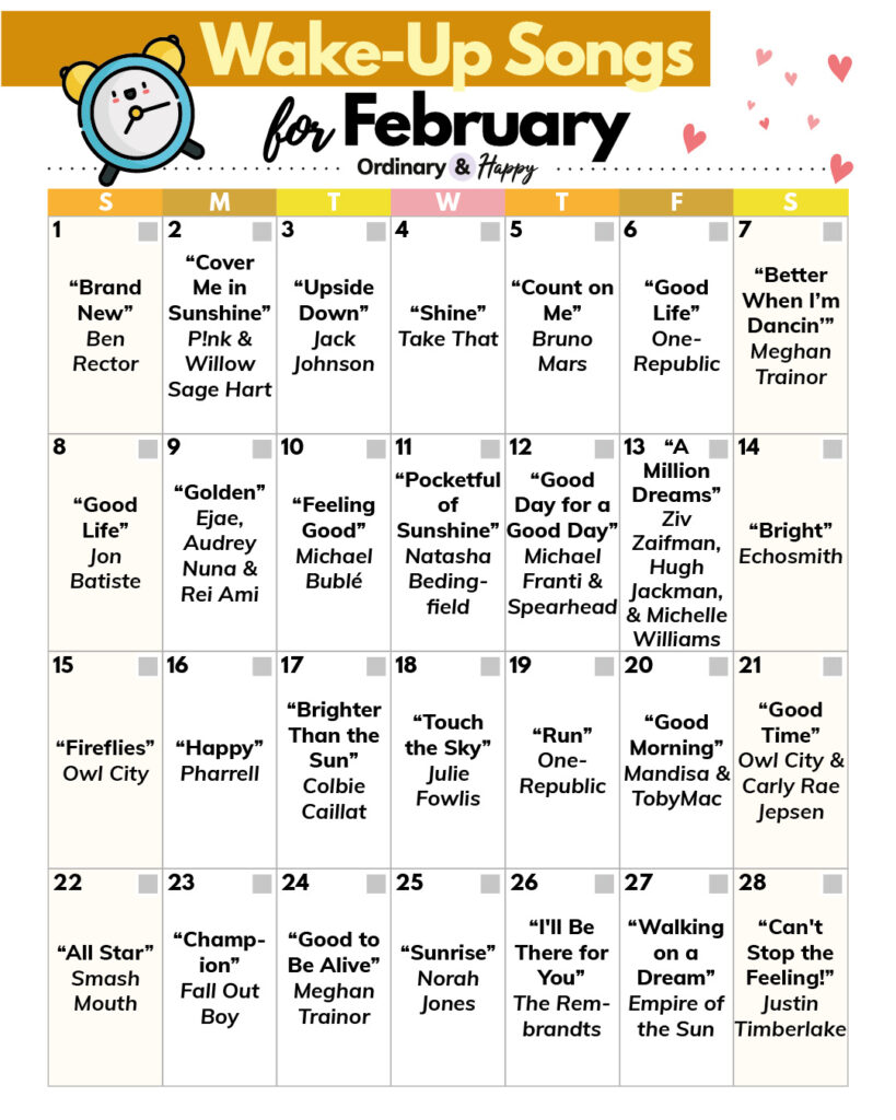Wake-up songs for February in a calendar format.