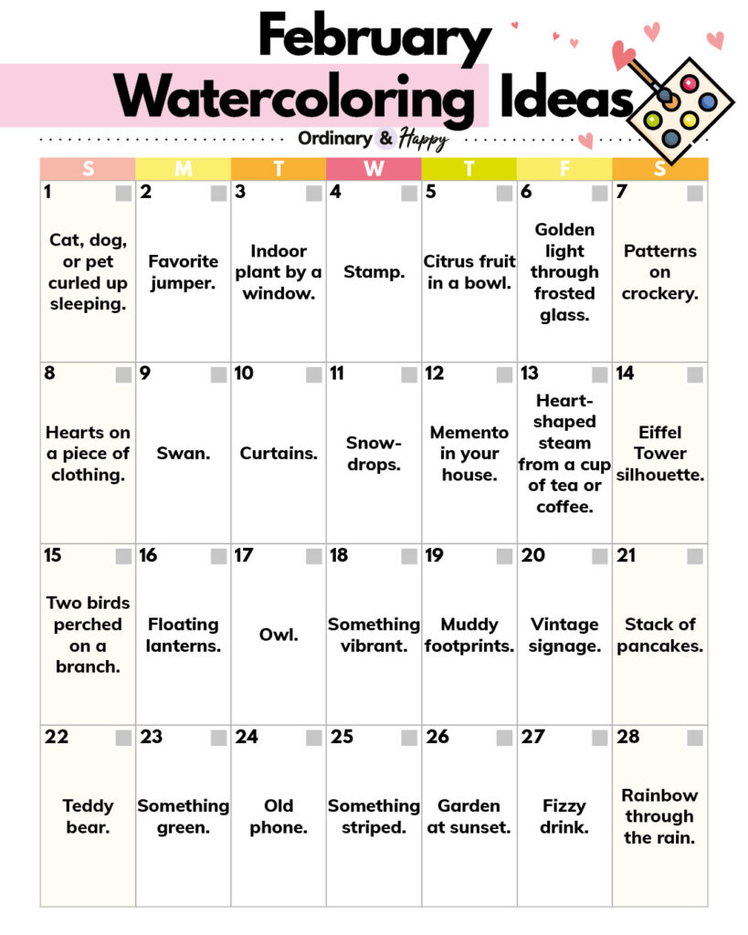 selection of 28 watercoloring ideas for february displayed in a 7x4 calendar grid format with color-coded days of the week