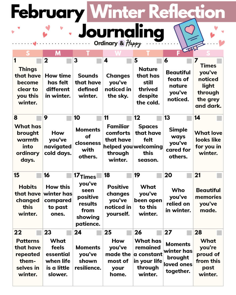 february winter reflection journaling calendar displaying 28 ideas to journal about placed in a 7x4 grid with color-coded days of the week