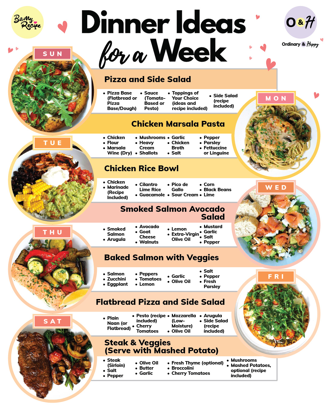 one week of dinner ideas for february consisting of seven sections with the image of the dinner in a circle alternating left and write and the name of the dish with listed ingredients in each section for every day of the week